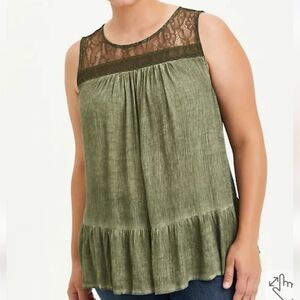 Torrid Olive Green Sleeveless Lace Trim Mineral Wash Top Sz 12 NWT